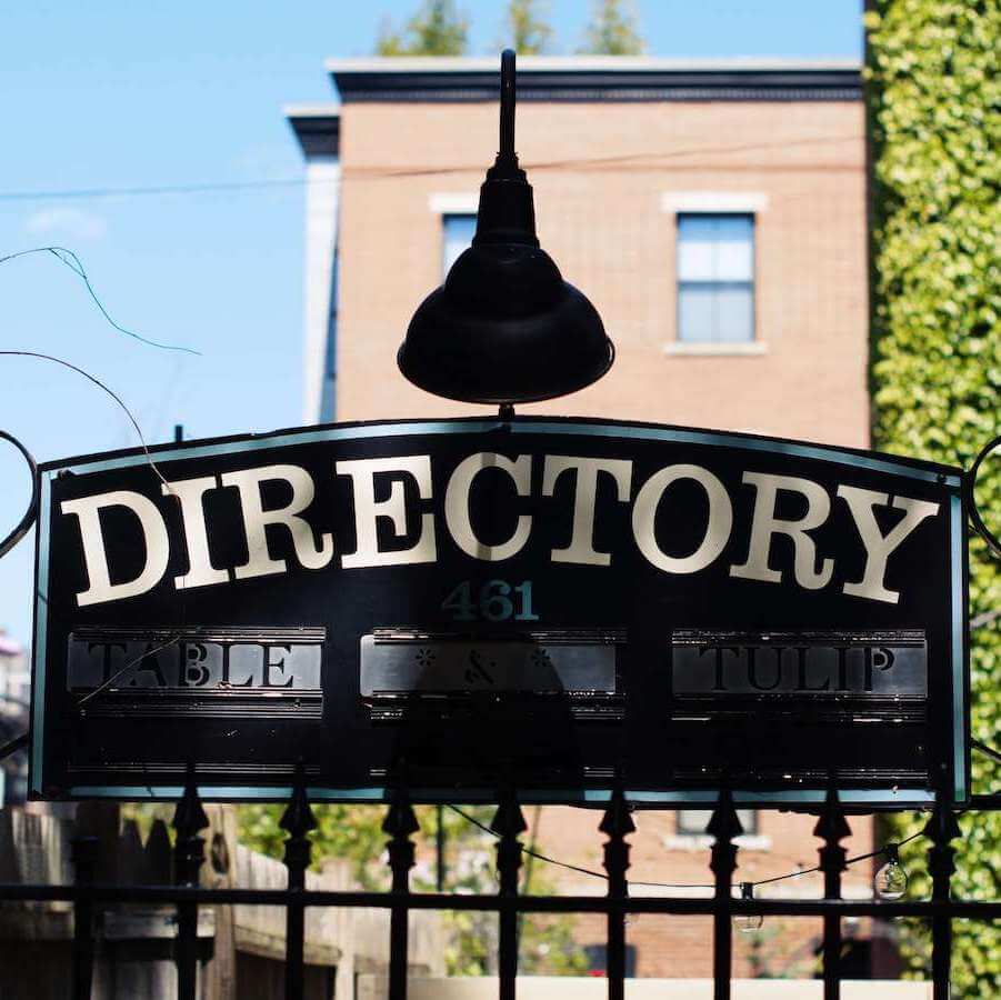 British style sign from an entrance on the directory can be read.