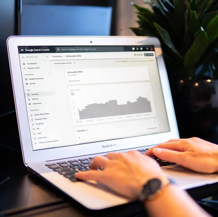 Someone looking at statistics on a laptop