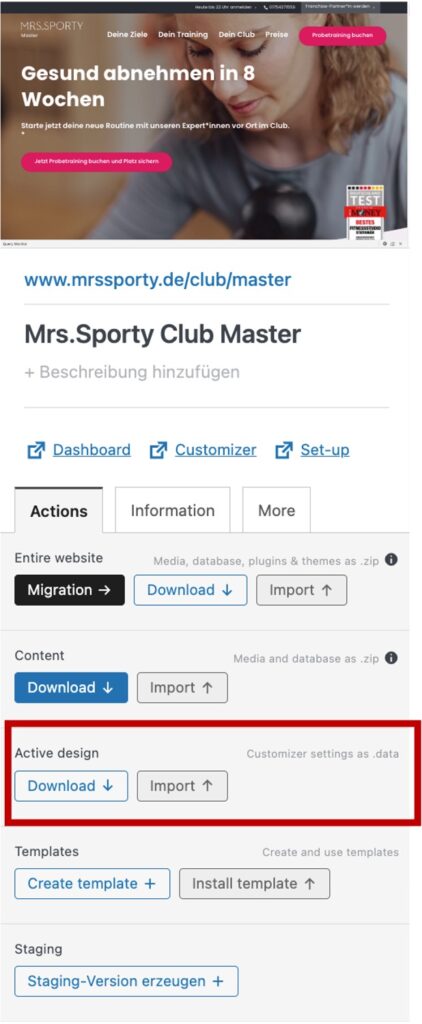 Mrs. Sporty Greyd.Hub backend display with design import/export