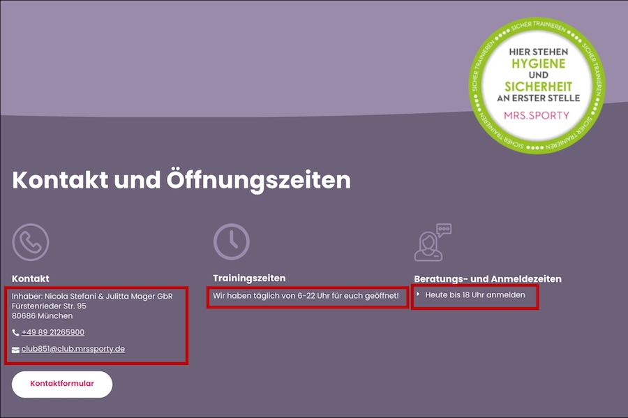 Frontend display of the contact section with dynamically inserted text
