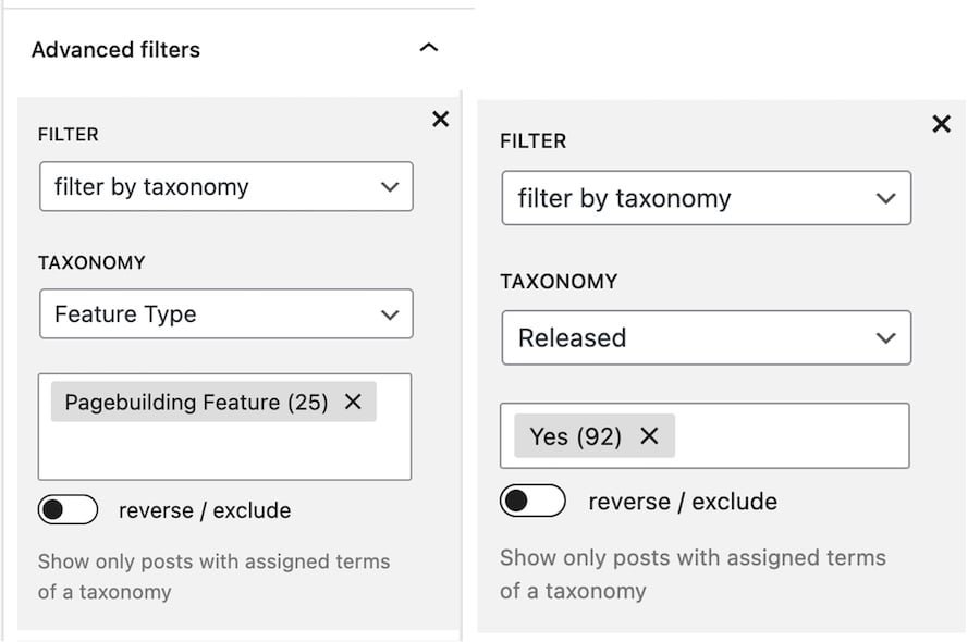 Backend settings showing advanced filter options in Greyd.Suite
