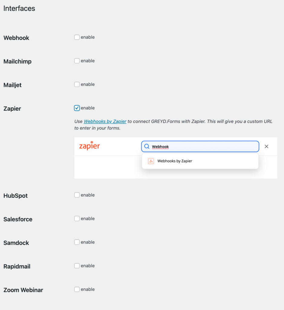 Backend display of the Greyd.Forms interfaces settings