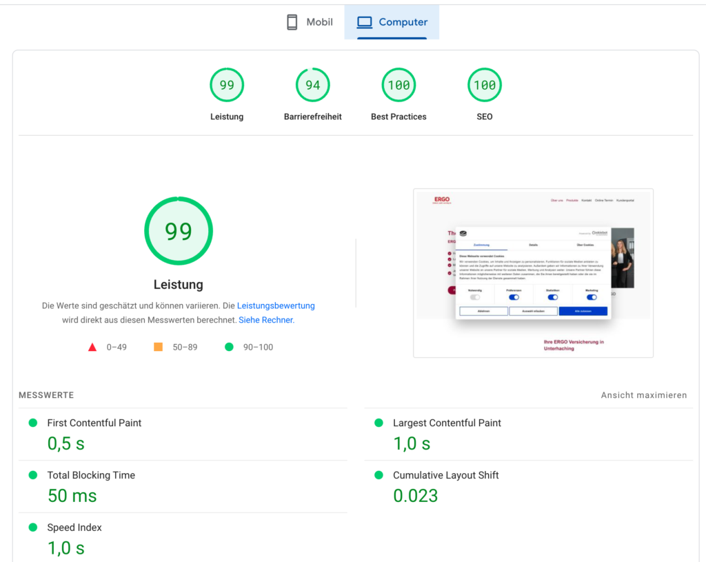 Pagespeed results of a Greyd.Suite website - all green