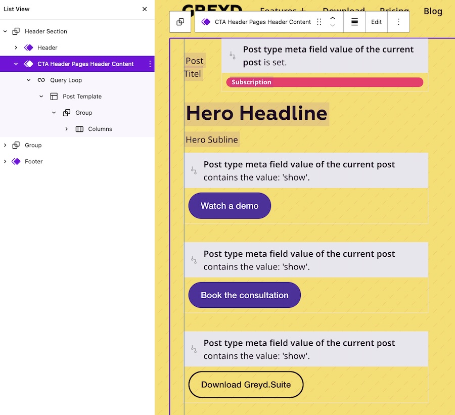 Backend screenshot of a dynamic hero section with the list view open