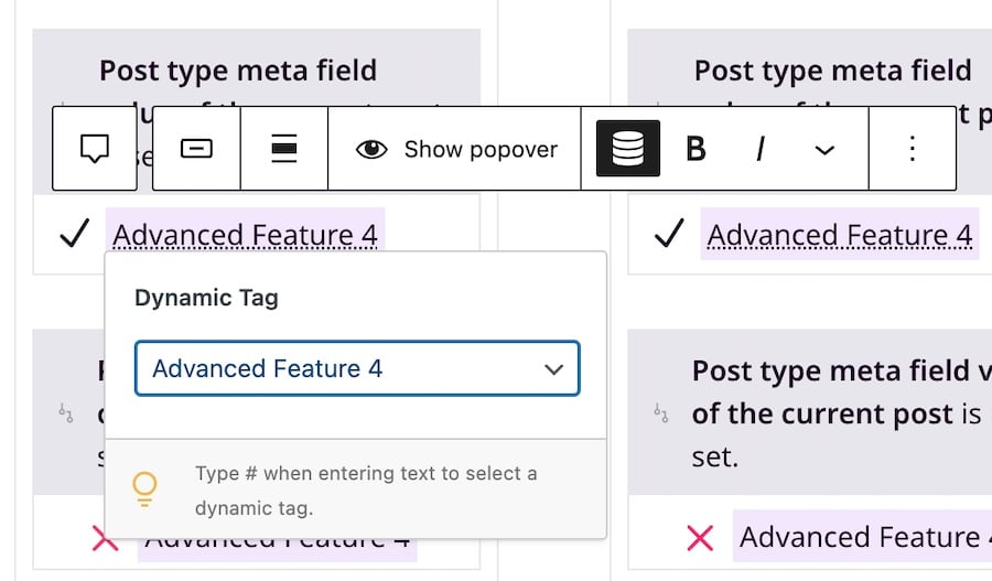 Backend screenshot of Greyd's feature page with a dynamic popover