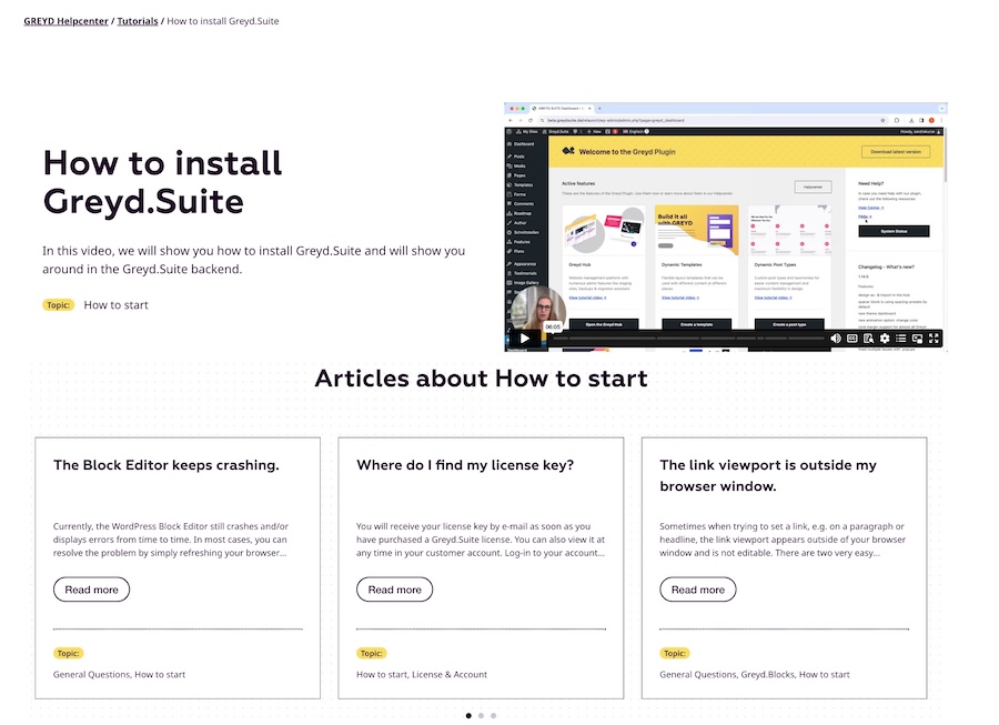Screenshot of Greyd.Suite's Helpcenter website showing a tutorial and several articles