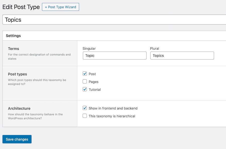 Backend view of Greyd.Suite's custom taxonomies