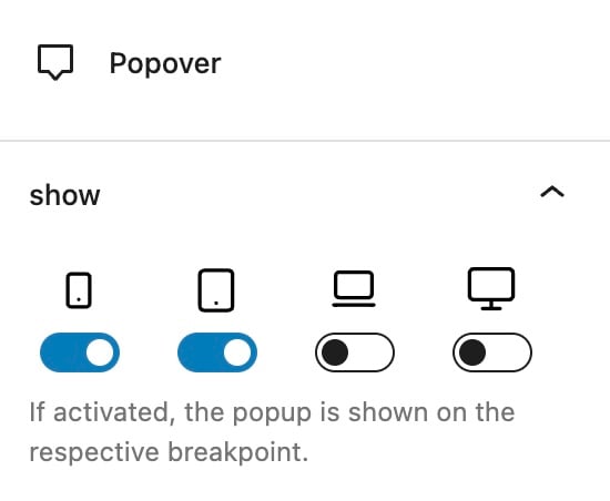 Backend screenshot of the popover display settings