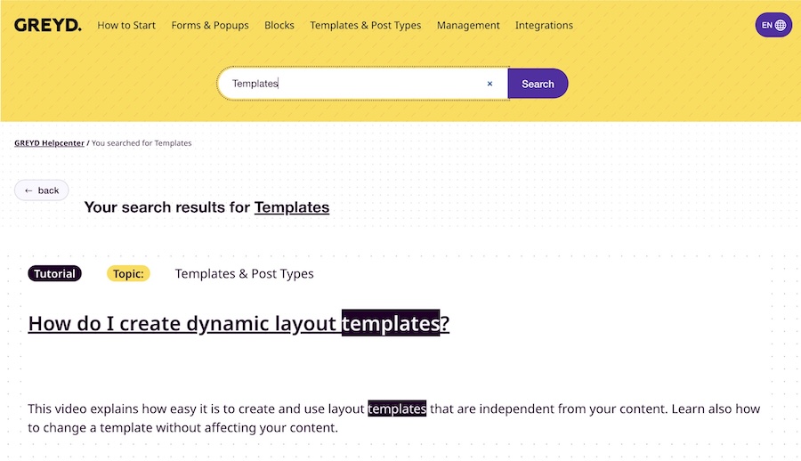 Screenshot of the search results page of the Helpcenter website