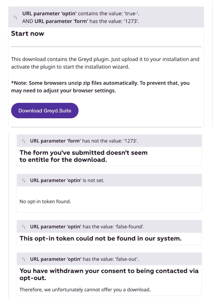 Backend screenshot of the thank you page on the Greyd website