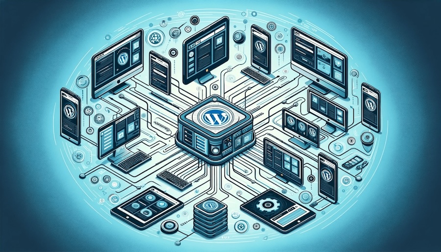 Several screens and devices connected with a WordPress server in the middle