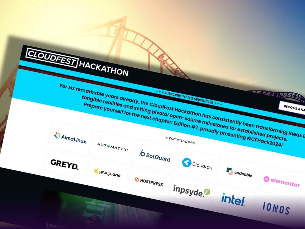 Screenshot of the hackathon website, with the logos of all partners, Greyd among them. On the background is a roller coaster.