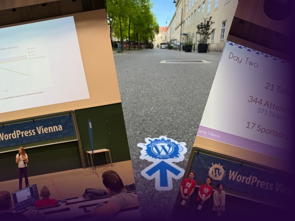 A collage of atmospheric photos of the WordCamp Vienna stage and the event's sticker glued to the road on the premise.