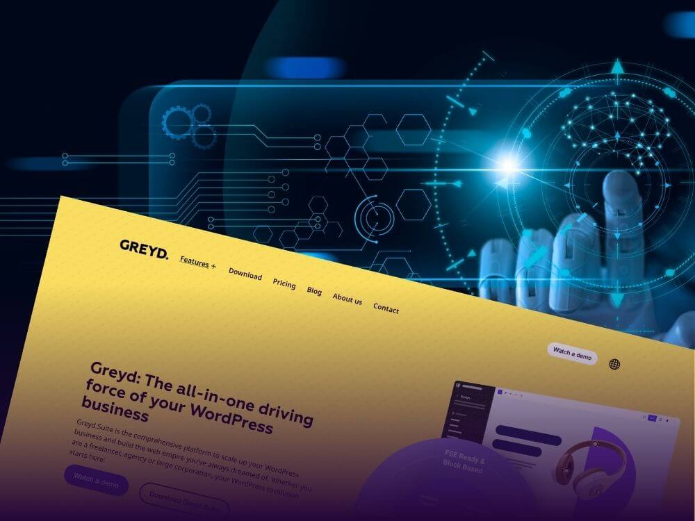 Stylized screenshot of the Greyd website, and a rovbot hand in the background.