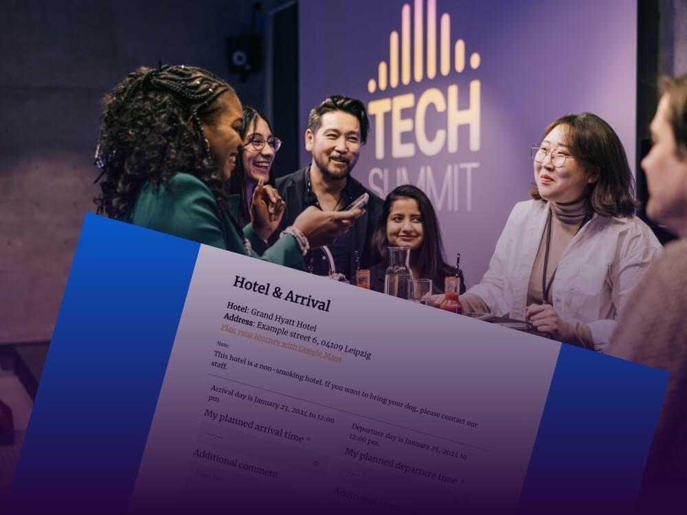 People on a tech conference in the background, hotel booking form in the frontend