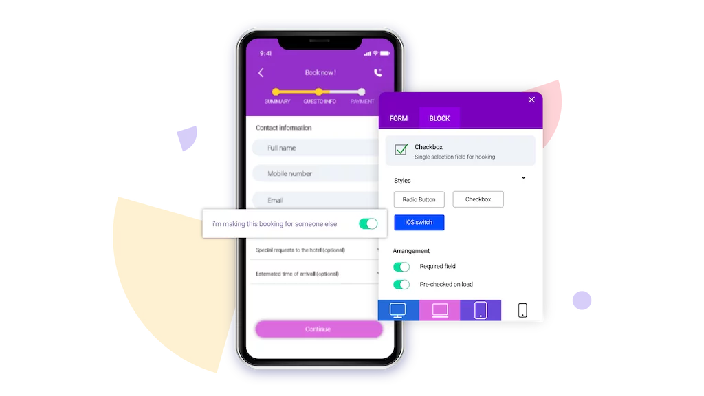 Form on a mobile phone and visualisation of a backend admin panel