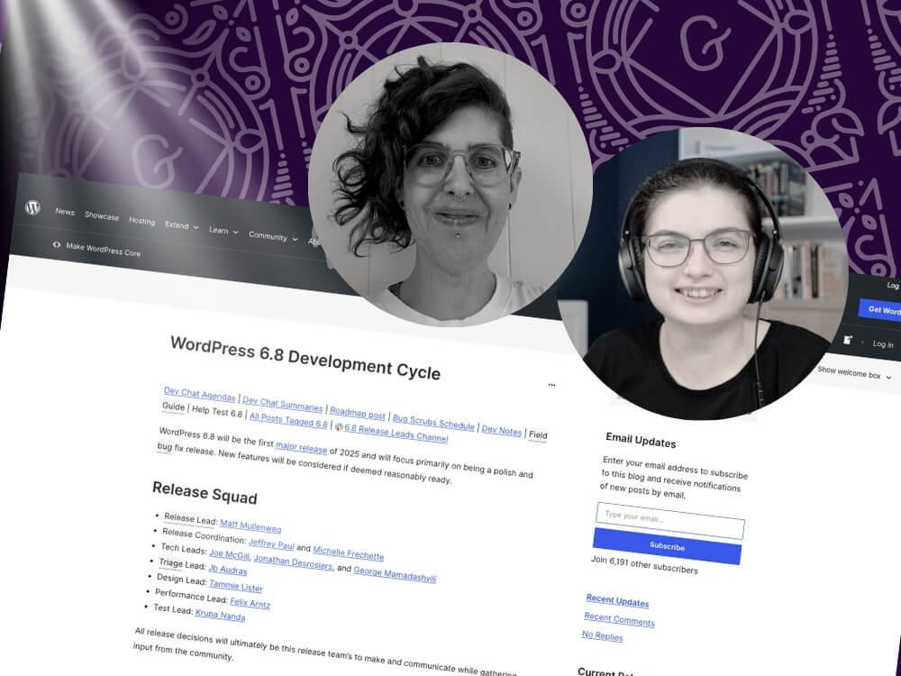 Two circular portraits of Tammie Lister and Jessica Lyschik overlaid on the WordPress 6.8 development cycle page, with a stylized purple Gutenberg background.