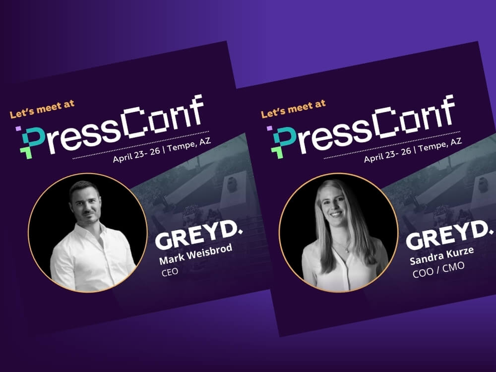 Featuring Mark Weisbrod and Sandra Kurze from GREYD, on cards announcing their attendance at PressConf 2025 in Tempe, Arizona.