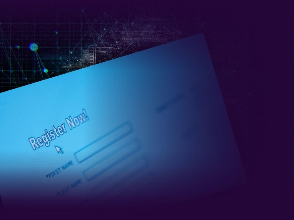 A blue-tinted web form with the heading “Register Now!” and fields for first and last name, overlaid on a dark abstract background with digital network lines.