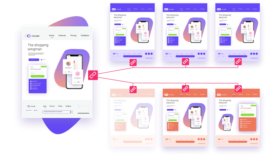 Two strings of connected websites connected with one big website
