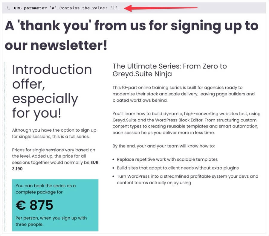 Screenshot of a personalized landing page part in Greyd.Suite, triggered by URL parameter ‘a=1’, showing a special training offer of €875 for a full 10-part series when signing up with three people, instead of the regular €3,190 price.
