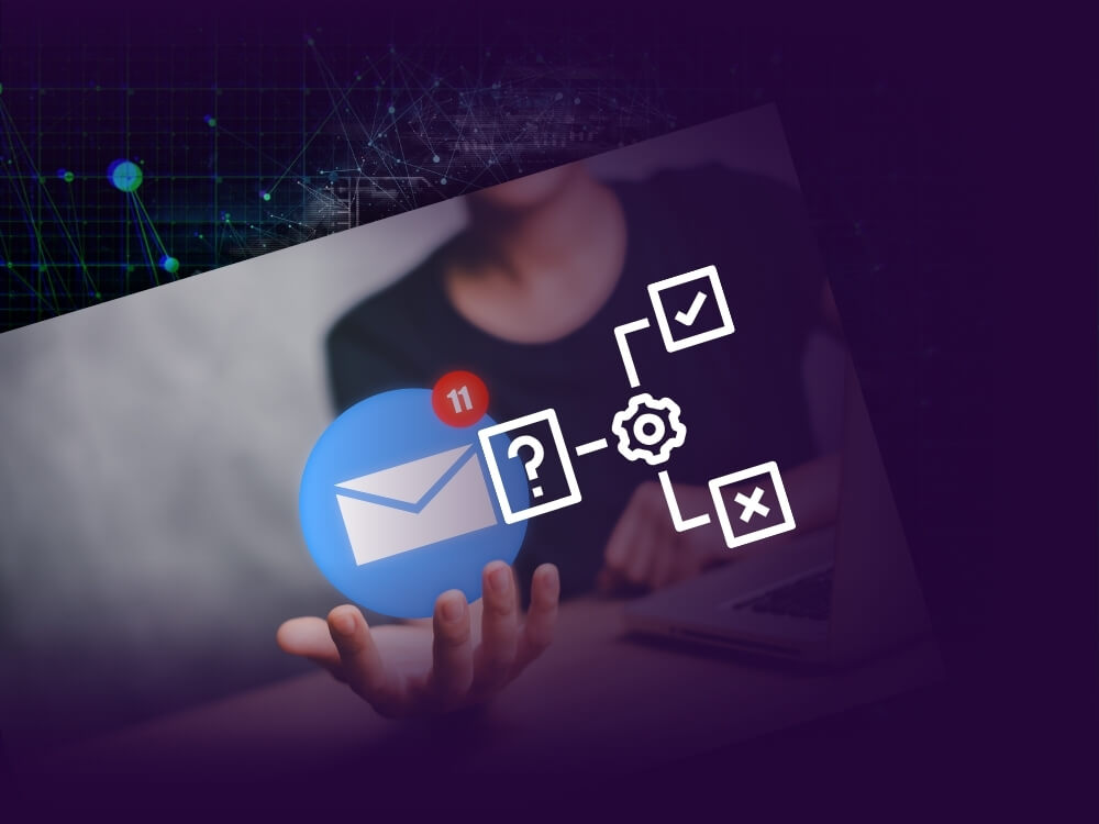 Person holding a floating email icon with a red notification bubble, connected to conditional logic symbols like question mark, gear, check and cross, representing dynamic content triggered by email links.