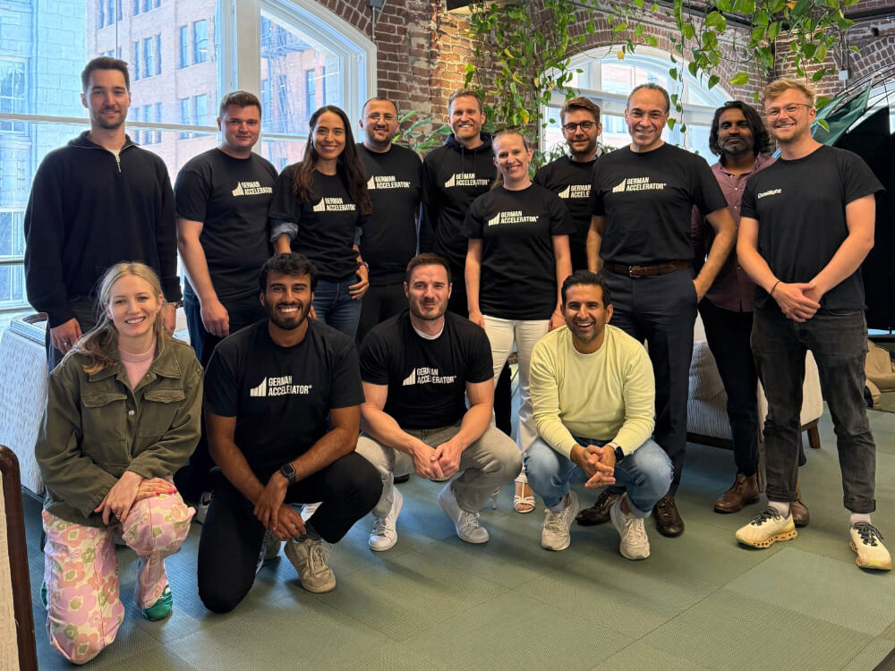 Group photo of German Accelerator U.S. Market Access participants during Immersion Week, including Mark Weisbrod and Sandra Kurze from Greyd, taken in a bright loft space in San Francisco.