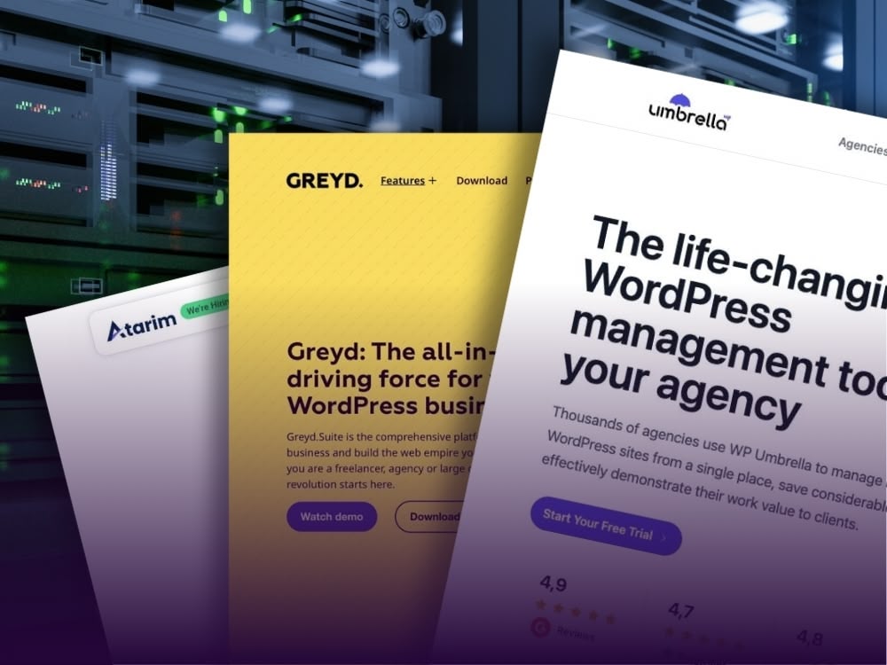 Three website screenshots of Atarim, Greyd, and WP Umbrella are layered over a blurred background of server hardware, representing components of a professional WordPress tech stack.