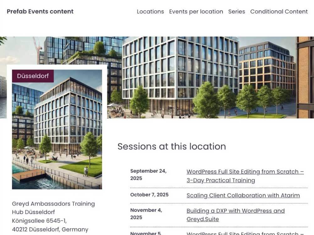 Screenshot of a demo events page for Düsseldorf with an image of modern office buildings, event dates, and titles like “WordPress Full Site Editing from Scratch” and “Scaling Client Collaboration with Atarim.”