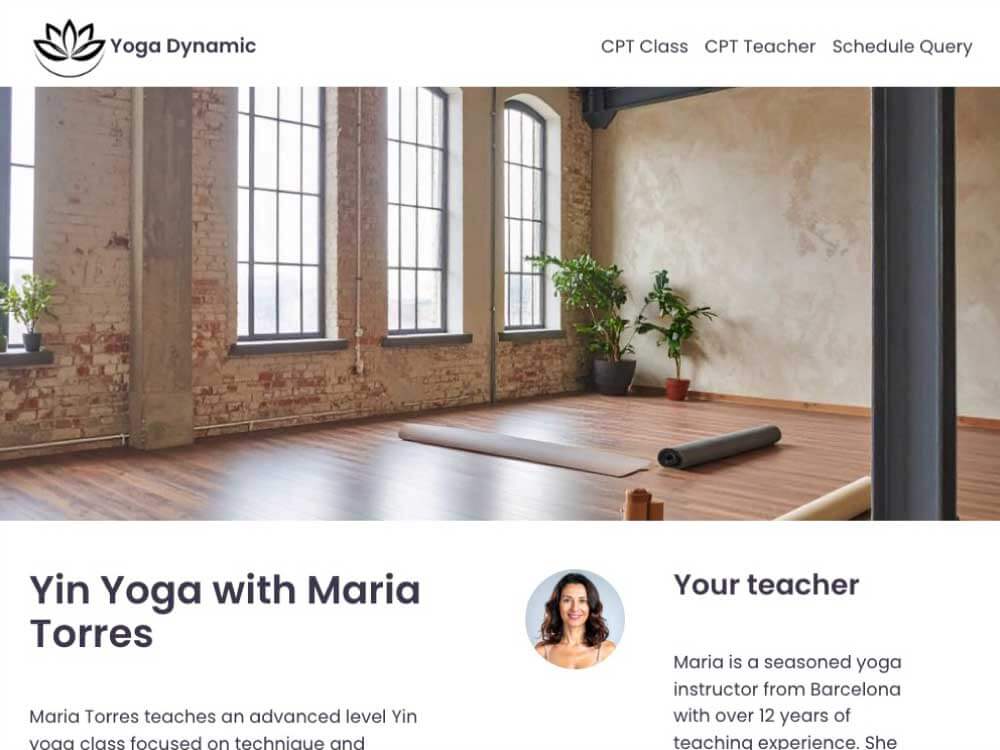Screenshot of a yoga demo page showing a sunlit studio with mats and plants, featuring a class titled “Yin Yoga with Maria Torres” and a teacher profile highlighting her experience from Barcelona.