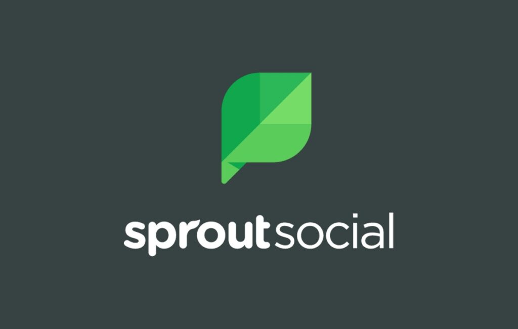Sprout social logo, white text on dark grey background with green sprout