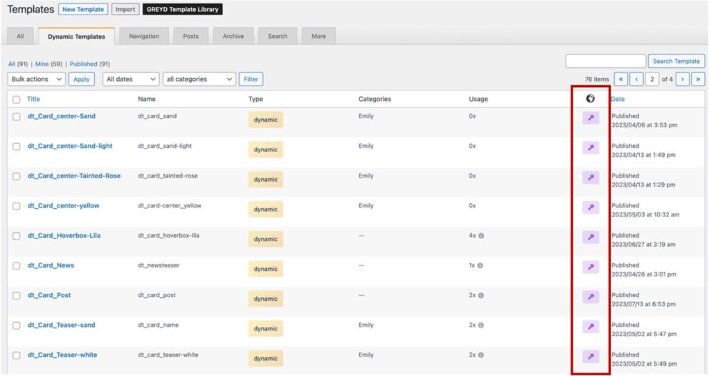 The template overview shows all templates on the master site. The purple arrows visualize that these are global posts.