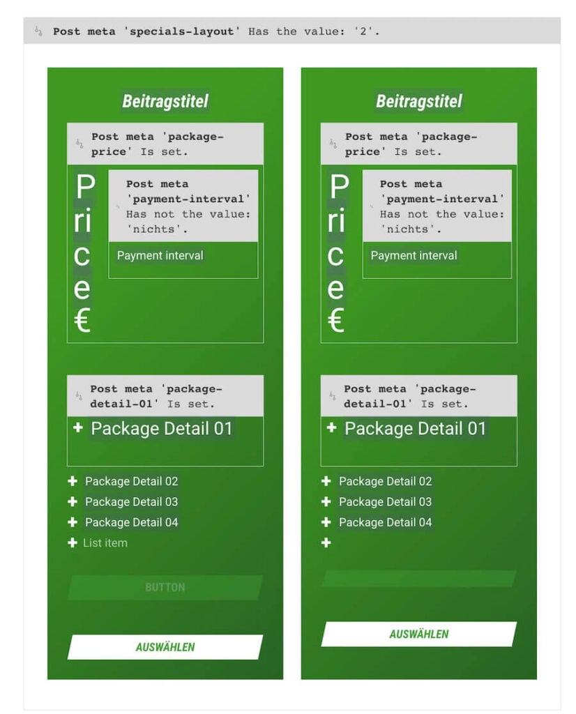Pricing section with two columns and conditional dynamic content