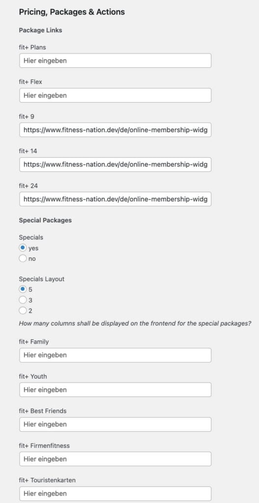 Various input fields and radio buttons to select and enter pricing packages