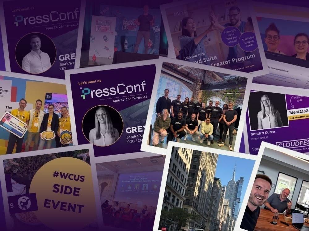 Collage of photos showing Greyd team members at events, group shots, and conference announcements for PressConf and CloudFest on a dark purple background.