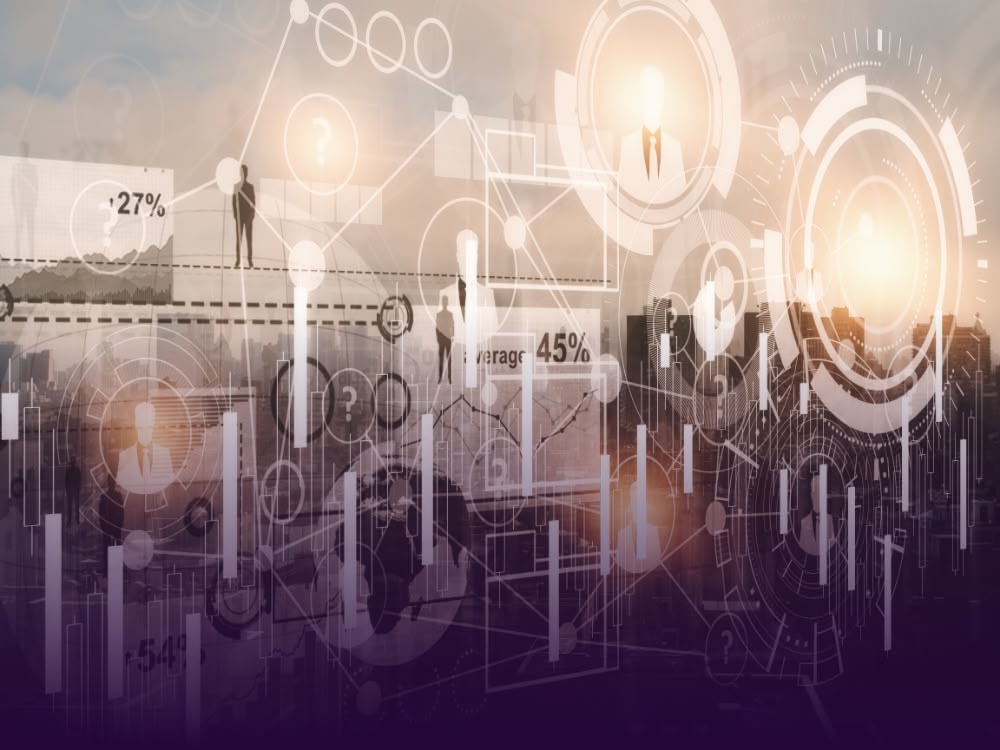 A futuristic digital overlay featuring data visualizations, bar charts, and human silhouettes connected by network lines over a blurred cityscape at sunset.